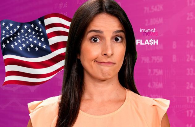 Mulher com expressão intrigada, bandeira dos EUA e dados financeiros em fundo rosa. Logo 'invest news FLASH'.