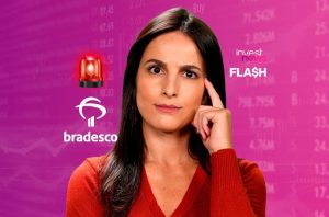 Mulher pensativa com dedo na têmpora, luz de alerta, logo Bradesco e "Invest News FLASH" em fundo financeiro.