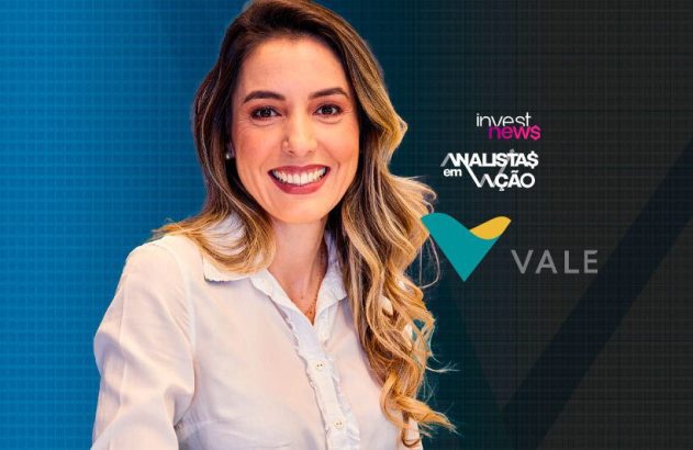 Apresentadora sorridente em estúdio, com logos de finanças: "InvestNews", "ANALISTAS em AÇÃO" e "VALE".