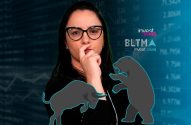 Mulher pensativa, com touro e urso em silhueta, e dados do mercado financeiro ao fundo.