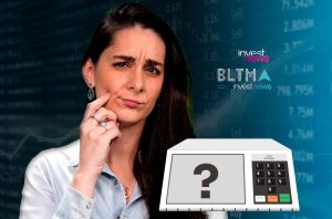 Mulher pensativa questiona urna eletrônica com '?' sobre fundo de mercado financeiro Investnews.