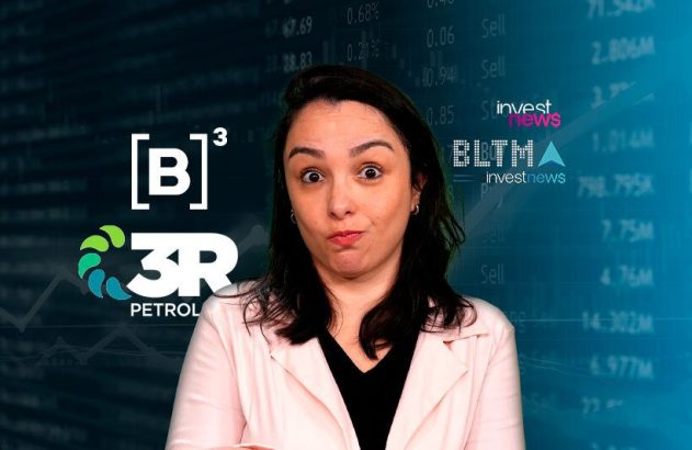 Mulher com expressão de surpresa diante de um fundo digital com dados financeiros e logos B3, 3R Petroleum e Investnews.
