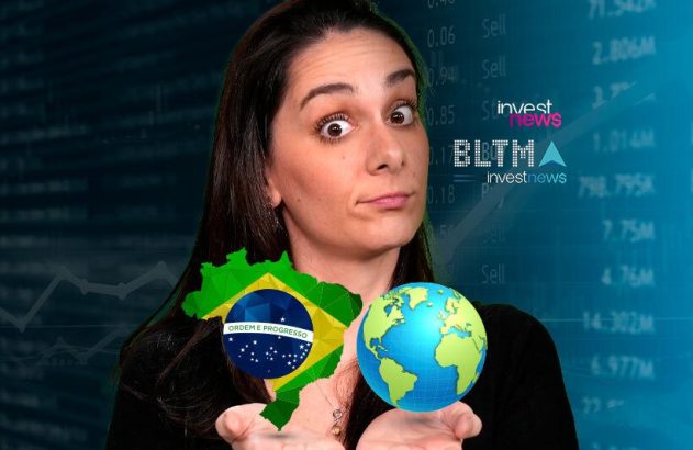 Mulher com expressão de dúvida segura mapa do Brasil e globo; fundo com dados financeiros e InvestNews.