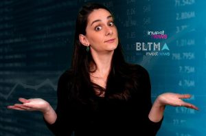 Mulher com mãos abertas e expressão de dúvida em fundo financeiro Investnews.