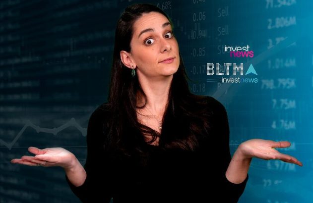 Mulher com mãos abertas e expressão de dúvida em fundo financeiro Investnews.