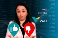 Mulher com expressão de dúvida, mostrando ícones de polegar para cima e para baixo. Fundo com gráficos e logos financeiros.