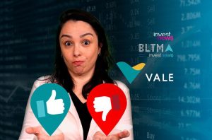 Mulher com expressão de dúvida, mostrando ícones de polegar para cima e para baixo. Fundo com gráficos e logos financeiros.