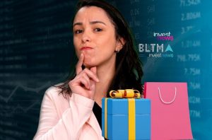 Mulher pensa em compras/presentes. Fundo financeiro com logo Investnews.