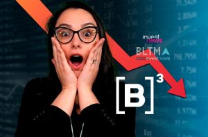 Mulher chocada com queda de dados financeiros e logo B3 ao fundo, com seta vermelha indicando baixa.