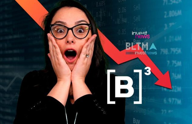 Mulher chocada com queda de dados financeiros e logo B3 ao fundo, com seta vermelha indicando baixa.