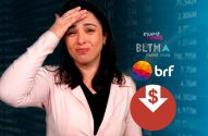 Mulher angustiada reage à queda no mercado de ações, com gráficos financeiros e símbolo de valor em baixa.