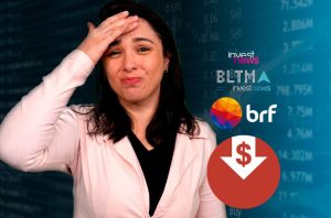 Mulher angustiada reage à queda no mercado de ações, com gráficos financeiros e símbolo de valor em baixa.