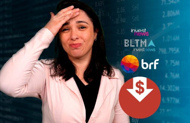 Mulher angustiada reage à queda no mercado de ações, com gráficos financeiros e símbolo de valor em baixa.