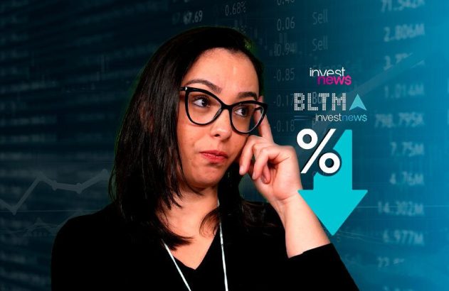 Mulher pensativa de óculos em frente a dados financeiros. Gráficos com 'investnews', símbolo % com seta para baixo e 'BLTMA' subindo.