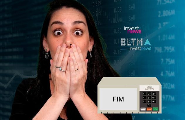 Mulher chocada com mãos na boca e fundo de bolsa de valores. Urna eletrônica exibe 'FIM', sugerindo impacto eleitoral no mercado.