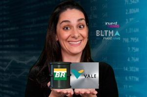 Mulher sorri, segurando os logos da Petrobras (BR) e Vale. Fundo com dados e gráficos financeiros.
