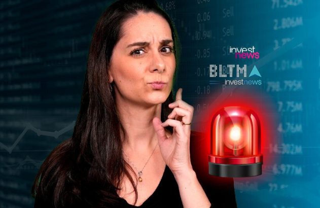 Mulher com expressão de preocupação e sinal de alerta vermelho em um fundo de dados financeiros.