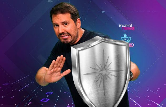 Homem sério com mão estendida e escudo prateado com estrela. Fundo tecnológico e logo Invest News.