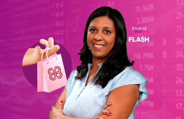Mulher sorrindo, com sacola rosa de logo 'BB' e texto 'Invest News FLASH', sobre fundo de gráficos financeiros.