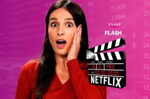 Mulher chocada, fundo financeiro, logo 'invest news FLASH' e claquete Netflix.