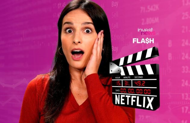 Mulher chocada, fundo financeiro, logo 'invest news FLASH' e claquete Netflix.