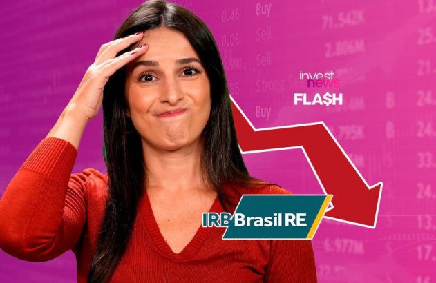 fabiana ortega, apresentadora do investnews, com a mão na cabeça e logo do IRB Brasil à frente representando queda de ações