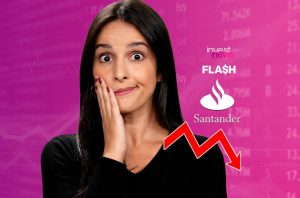Mulher surpresa com queda de Santander no mercado financeiro, com logos Investnews e Flash.