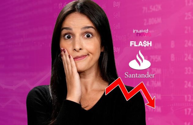 Mulher surpresa com queda de Santander no mercado financeiro, com logos Investnews e Flash.