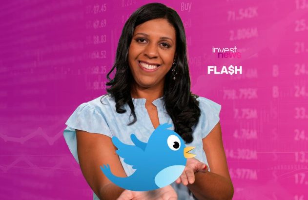 Mulher sorridente segura pássaro azul (Twitter) em frente a fundo financeiro com "Invest News Flash".
