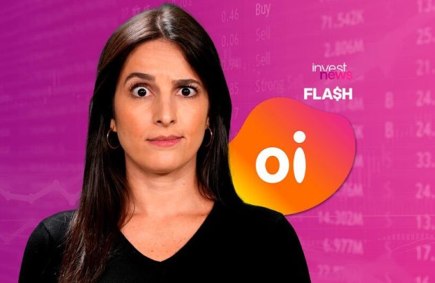 Mulher surpresa, com logo Oi e "invest news FLASH", sobre fundo de dados do mercado financeiro.