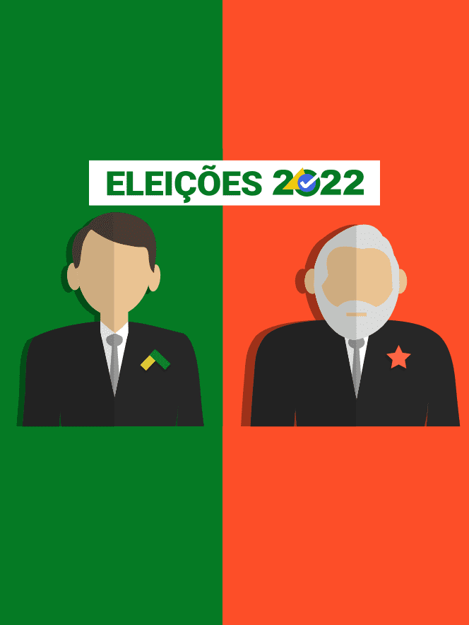 desenho ilustrativo de lula à direita, com fundo vermelho, e bolsonaro à esquerda, de verde, representando disputa das eleições presidenciais