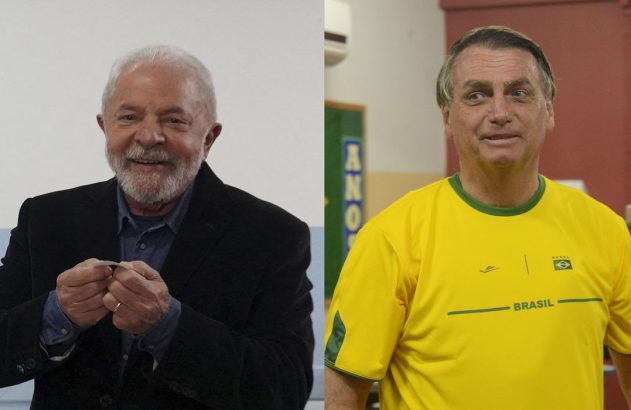 Lula (esquerda) sorrindo com papel, Bolsonaro (direita) de camisa amarela.