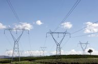 Torres de alta tensão transportam energia em campo verde, sob céu azul e nuvens.