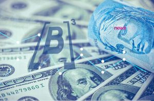 Notas de dólar e real, com gráfico de mercado e símbolo B3. Câmbio e investimentos financeiros.