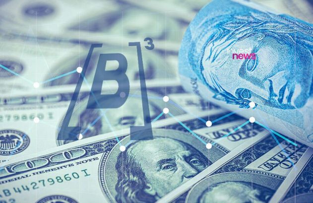Notas de real e dólar e logo da B3
