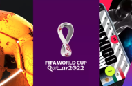Montagem gráfica da Copa do Mundo FIFA Catar 2022 com mascote, bola dourada, app e lhama estilizada com bandeiras.