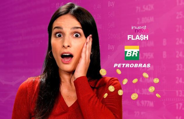 Mulher chocada com moedas caindo. Fundo financeiro roxo com Invest News, FLASH e Petrobras BR.