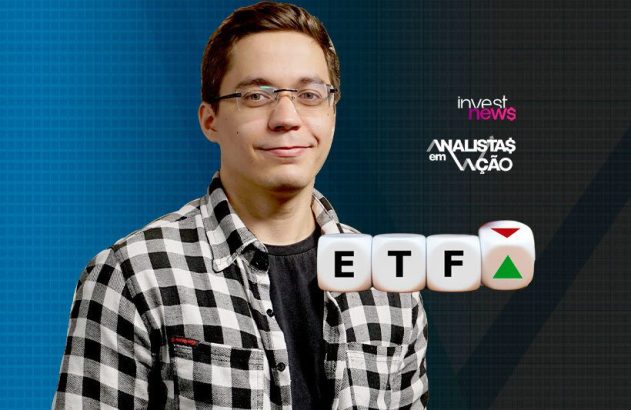 Homem de óculos sorrindo com logos Invest News e Analistas em Ação, e cubos "ETF" com setas de mercado.