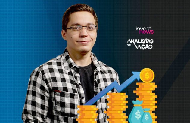 Jovem analista sorri, com gráfico financeiro de crescimento (moedas, seta para cima) e logos Invest News.