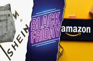 Colagem com jeans Shein, letreiro neon Black Friday e logo Amazon em smartphone. Representa compras online.