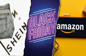 Colagem com jeans Shein, letreiro neon Black Friday e logo Amazon em smartphone. Representa compras online.