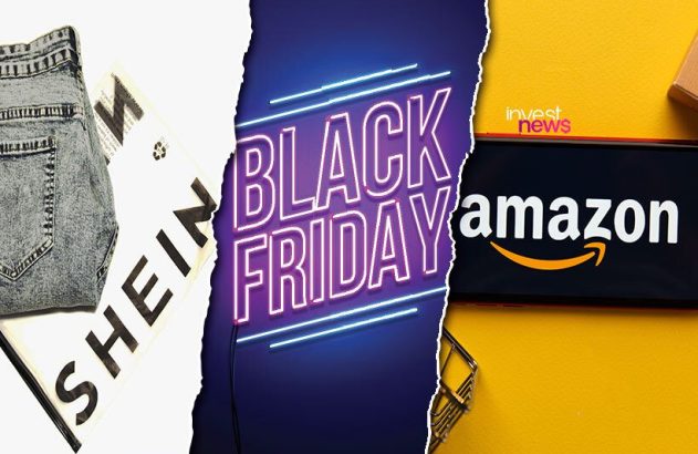 Colagem com jeans Shein, letreiro neon Black Friday e logo Amazon em smartphone. Representa compras online.