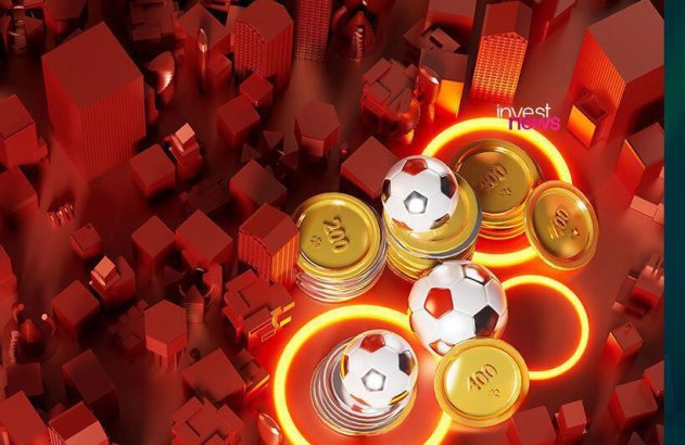 Investimento esportivo: Bolas de futebol e moedas sobre cidade 3D vermelha. Logo Invest News.