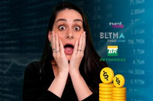 Mulher em choque diante de tela com dados de mercado financeiro, logos de InvestNews/Petrobras e pilhas de moedas.