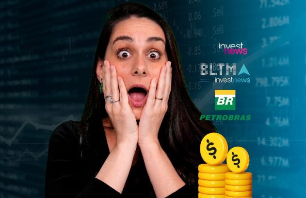 Mulher em choque diante de tela com dados de mercado financeiro, logos de InvestNews/Petrobras e pilhas de moedas.