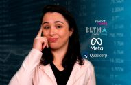 Mulher pensativa apontando para a cabeça. Fundo financeiro com gráficos e logos de Investnews, Meta e Qualicorp.