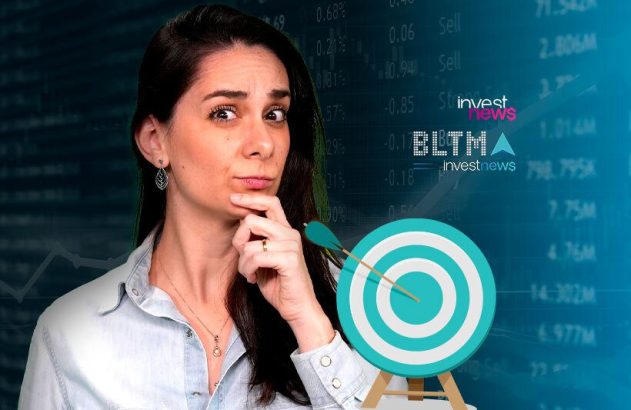 Mulher pensativa, com flecha no alvo, sobre fundo de dados e gráficos financeiros.