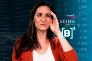 Mulher confusa, mão na testa, diante de dados financeiros e logos de investimentos.