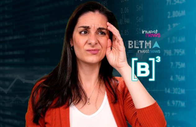 Mulher confusa, mão na testa, diante de dados financeiros e logos de investimentos.