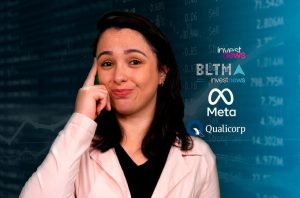 Mulher pensativa apontando para a cabeça. Fundo financeiro com gráficos e logos de Investnews, Meta e Qualicorp.